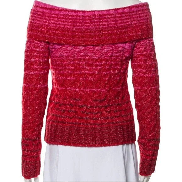 Staud Myrna Off-The-Shoulder Long Sleeve Cable Knit Sweater Cozy Red Pink Size M